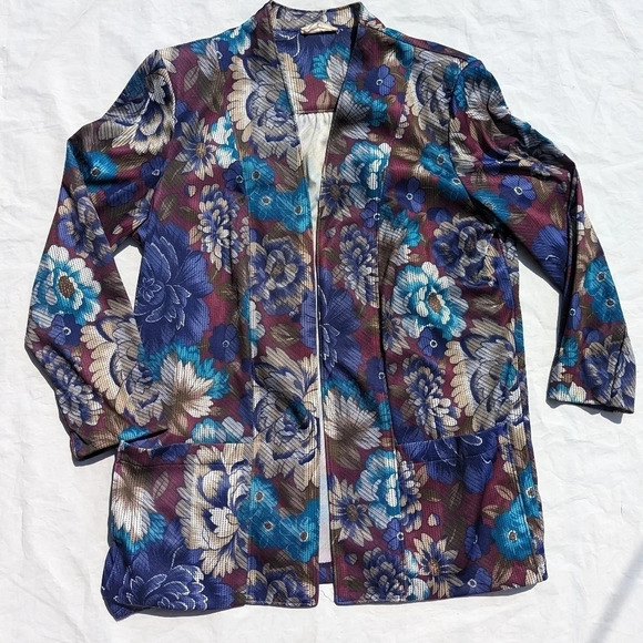 Vintage Tan Jay Floral Silky Open Front Cardigan  with Shoulder Pads Woman 14 - Picture 2 of 10